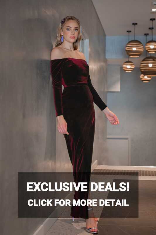 Tina Holly Couture TA301 Wine Red Velvet Long Sleeve Midi Formal Dress