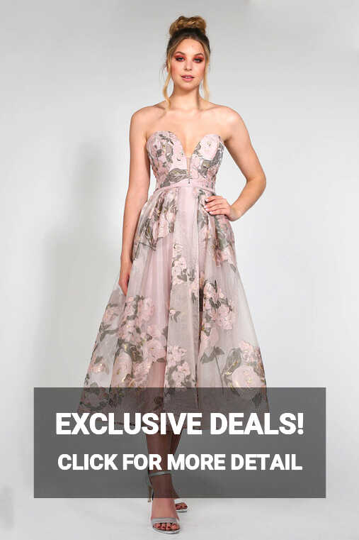 Tina Holly Couture TA819 Pink Floral Chiffon Strapless Midi Semi Forma