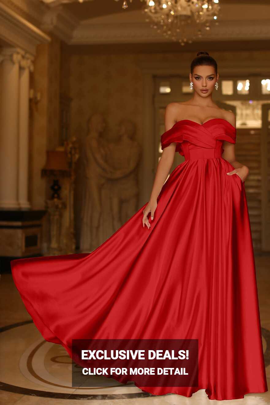 Tina Holly Couture TE207 Red Satin Off The Shoulder A Line Formal Dres