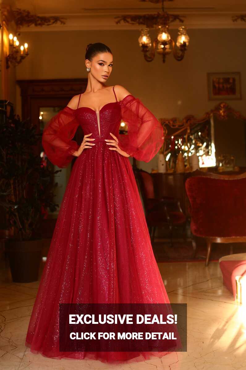 Tina Holly Couture TK130 Ruby Red Long Sleeve Ball Gown Formal Dress