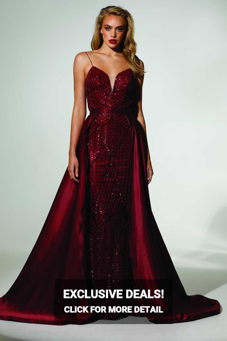 Tinaholy Couture T17128 Wine Red Sequin Mermaid Skirt Formal Gown Prom