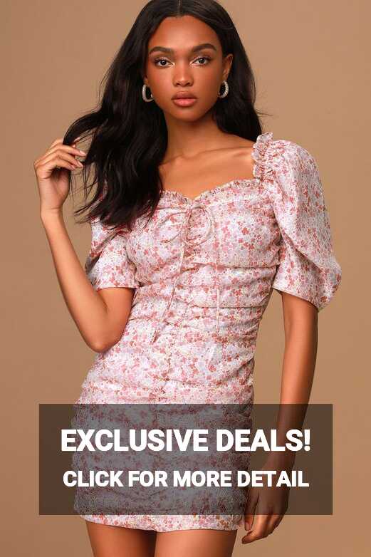 Tinleigh Pink Floral Print Ruched Puff Sleeve Bodycon Mini Dress