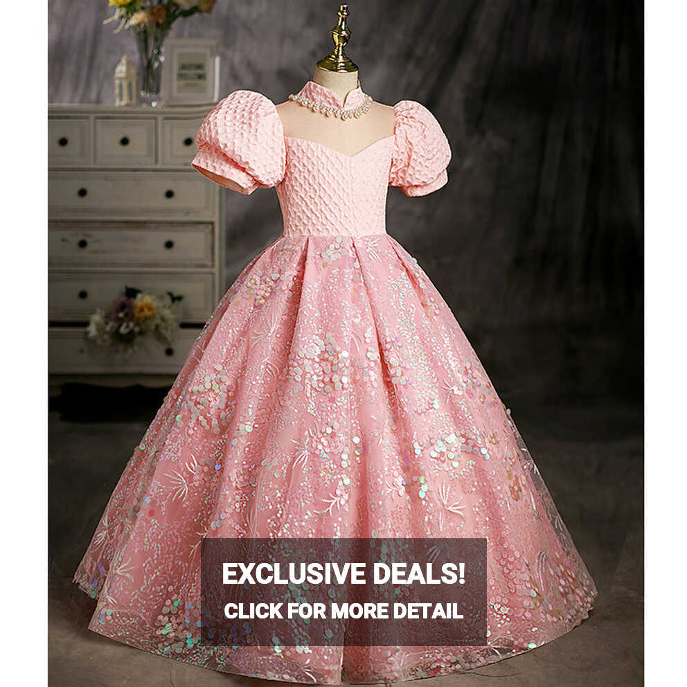 Toddler Ball Gowns Girl Luxury Sequins Pink Puff Sleeves Princess ...