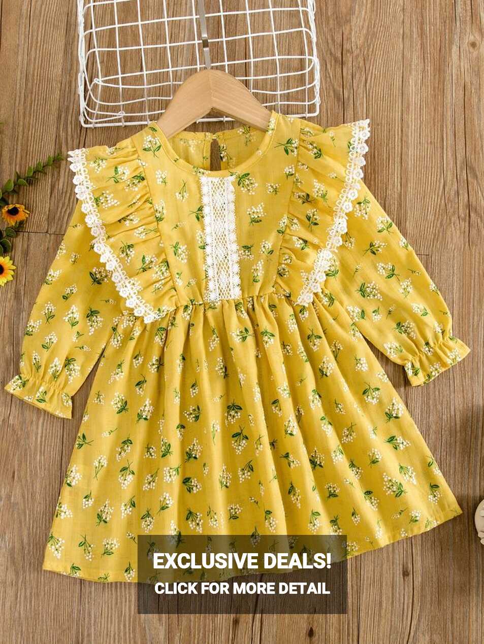 Toddler Girls Floral Print Ruffle Trim Guipure Lace Insert Flounce ...