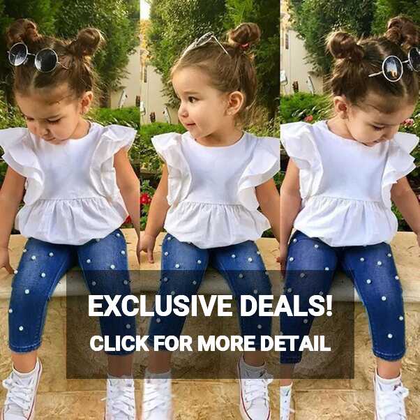 Toddler Kids Baby Girls Outfits Solid T-shirt Tops+Pearl Denim ...