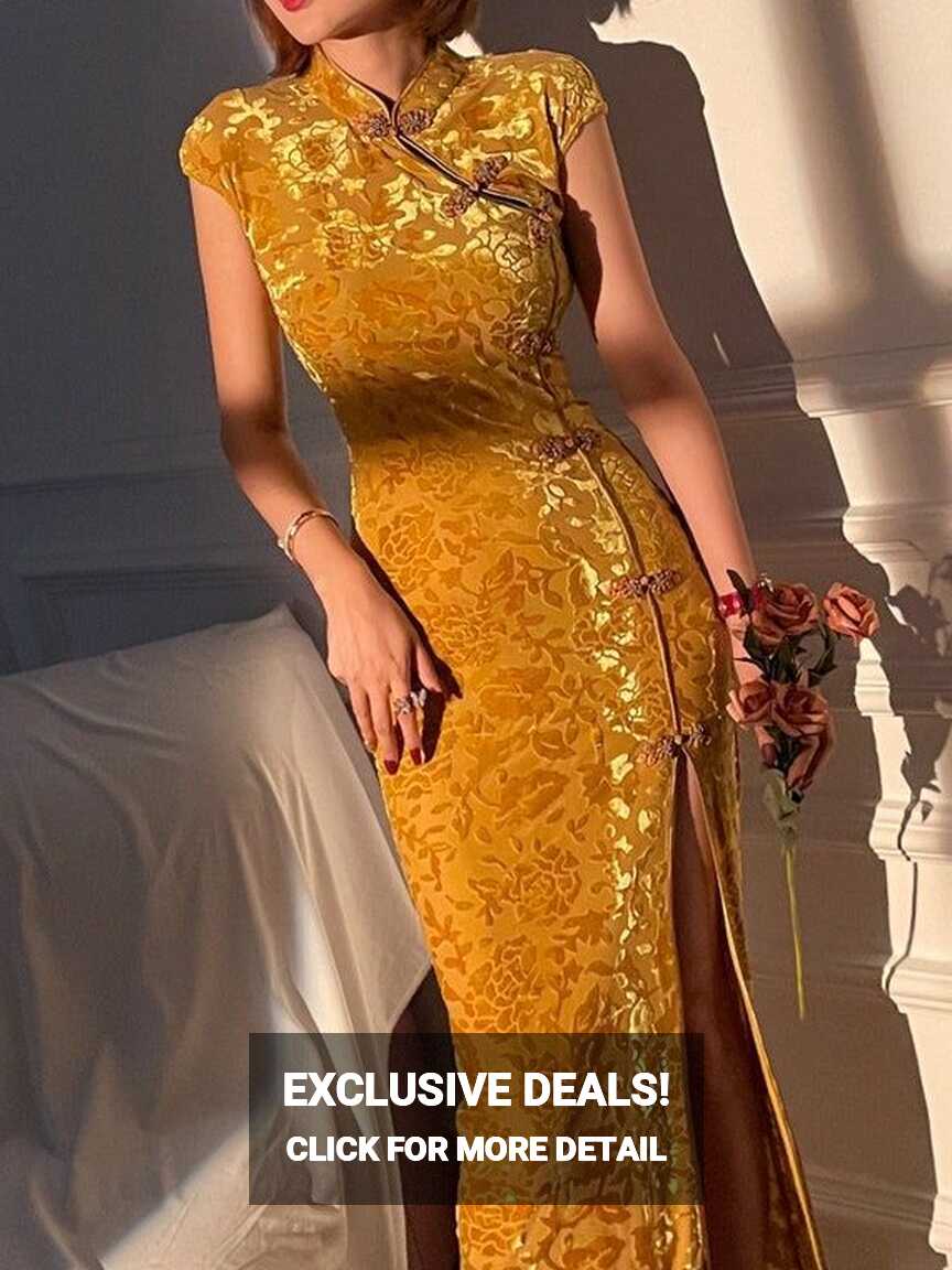 Traditional Chinese Dress modern Cheongsam Dress yellow Velvet ...