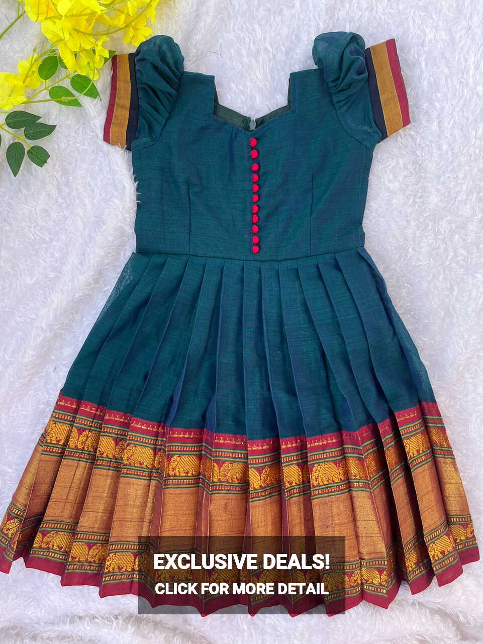 Traditional Green Narayanapet Cotton Frock with Pleated Design ...