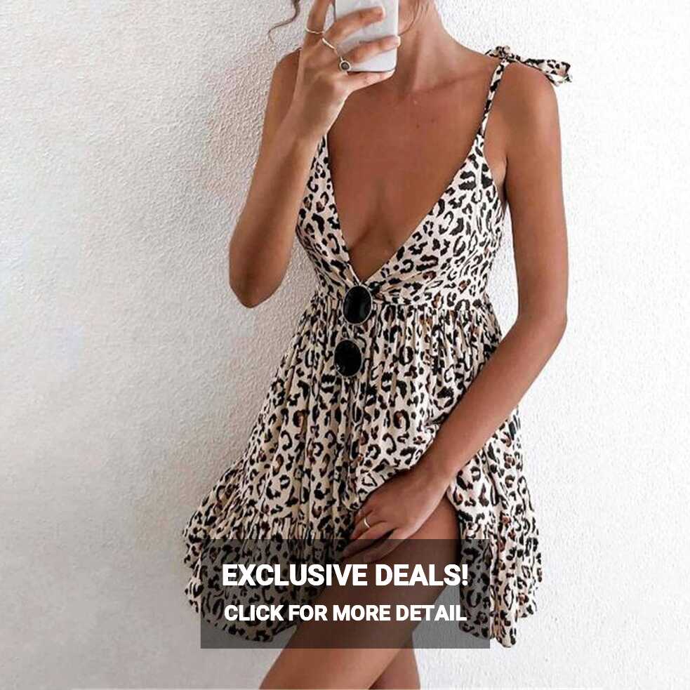 Trendy Women&#39;s Printed Low Cut V Neck Sundress, Casual Mini Summer ...