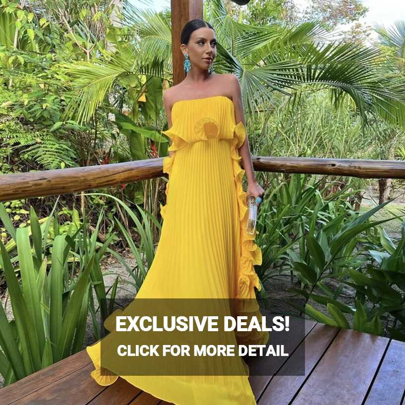 Trendy Women Summer Holiday Dress Yellow Pleated Chiffon Long ...