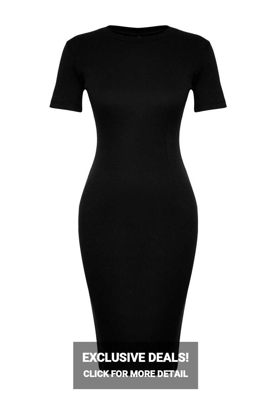 Trendyol Collection Black Crew Neck Ribbed Stretchy Knitted Midi ...