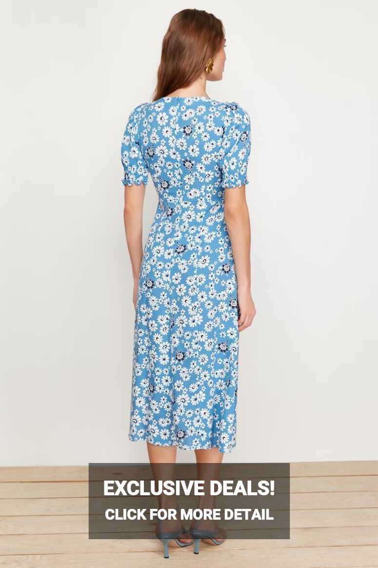 Trendyol Collection Blue A-line Floral Viscose Midi Woven Dress ...