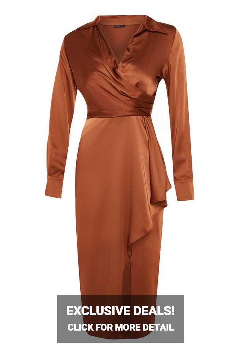 Trendyol Collection Brown Wrap Woven Satin Elegant Evening Dress ...