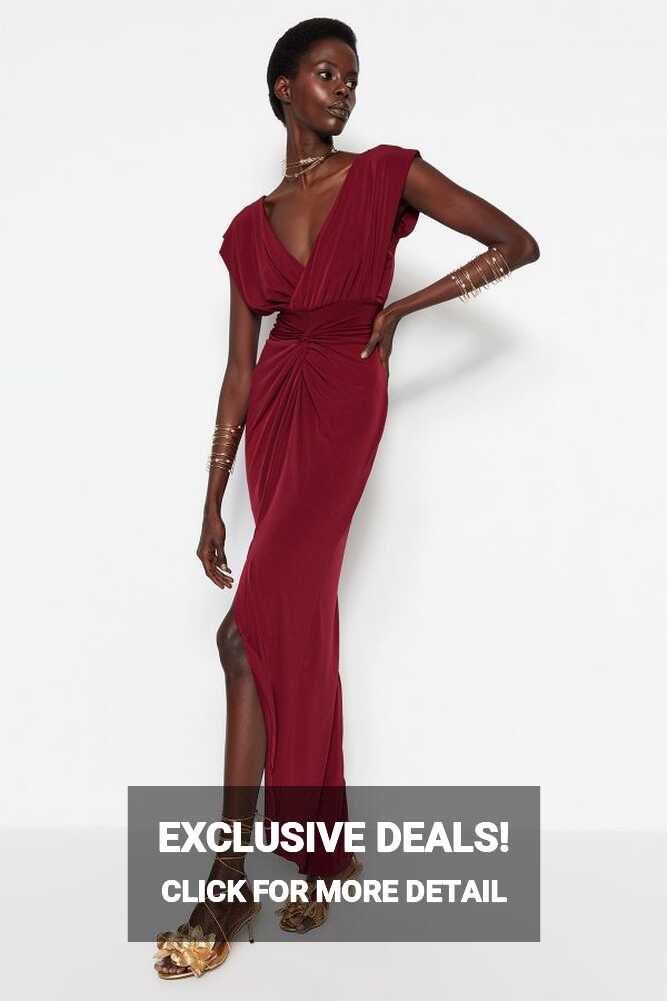 Trendyol Collection Burgundy Lined Long Evening Dress with Knitted ...