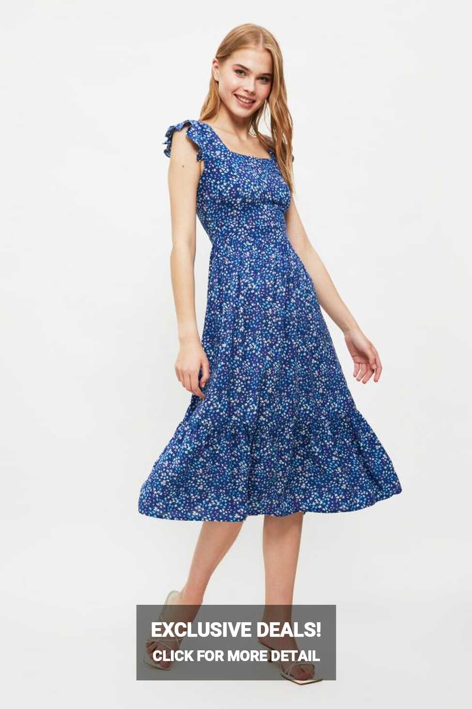 Trendyol Collection Navy Blue A-line Floral Print Square Neck ...