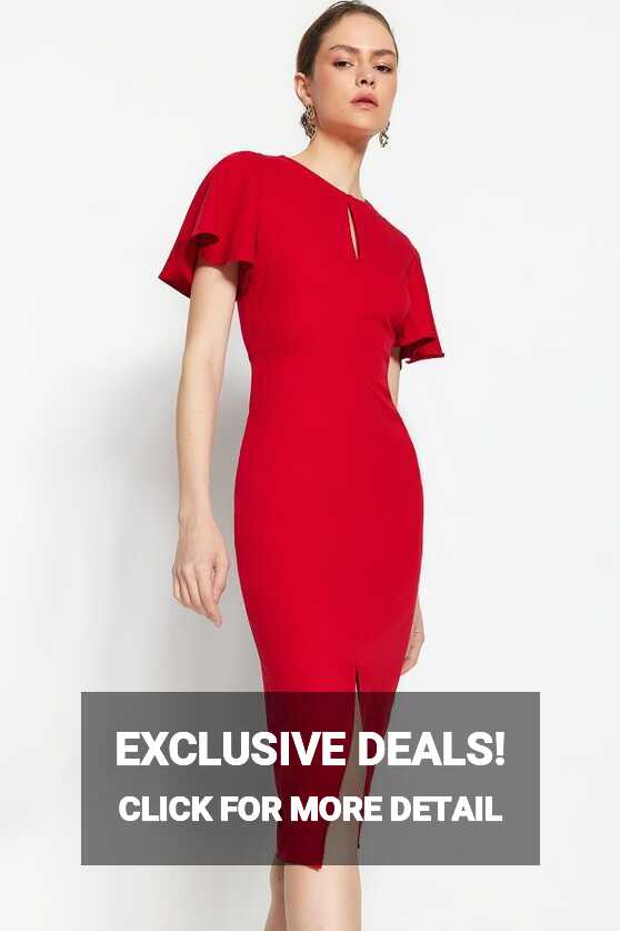 Trendyol Collection Red Fitted Midi Woven Drop Neck Detailed Short ...