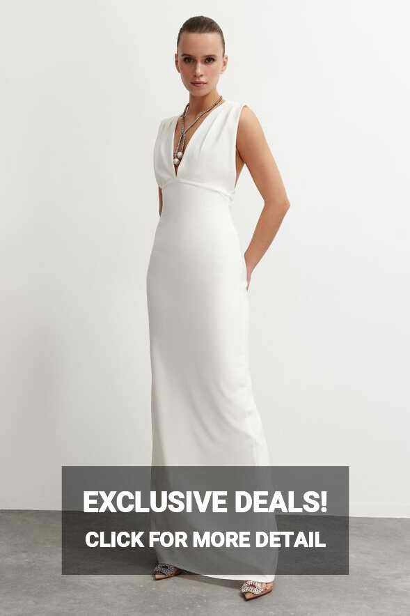 Trendyol Collection White Deep V-neck Woven Long Elegant Evening ...