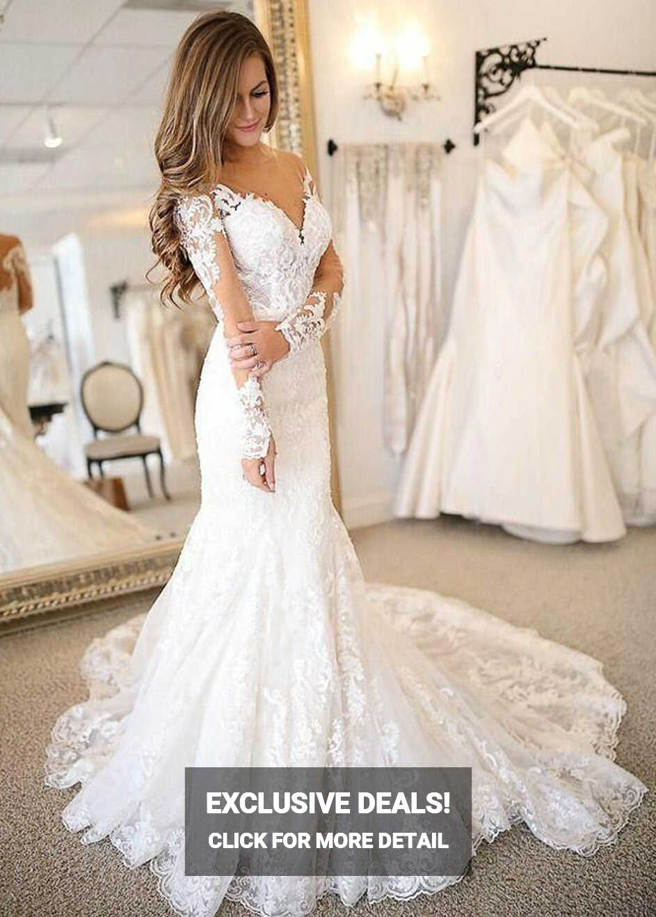 Trumpet/Mermaid Long Sleeves Lace Boho Bridal Wedding Dresses ...