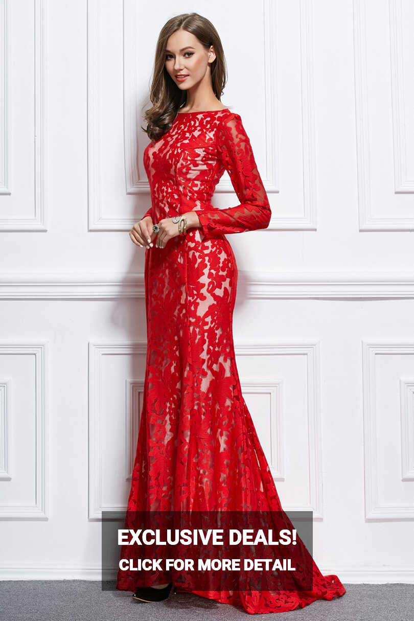 Trumpet Mermaid Red Lace Long Sleeve Formal Evening Dresses ...