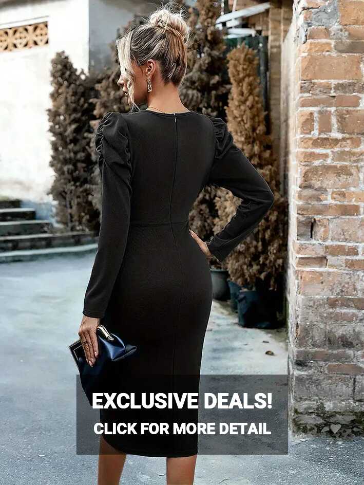 Tucked Puff Long Sleeve Dress Elegant Crew Neck Bodycon - Temu