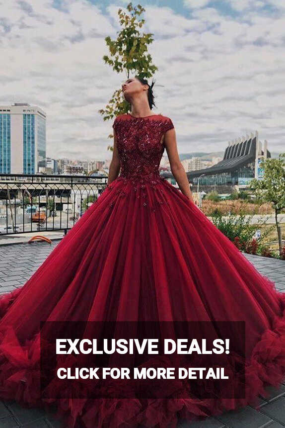 Tulle Burgundy Ball Gown Scoop Beaded Long Prom Dress PL394 | Promnova