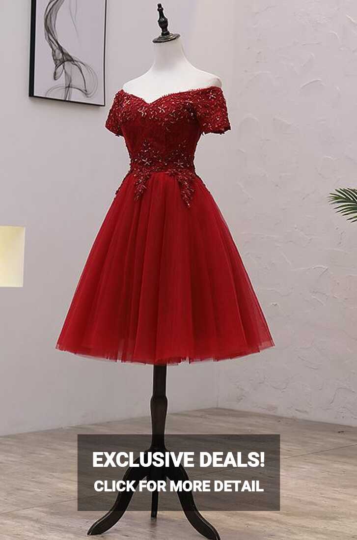 Tulle Dark Red Off the Shoulder Knee Length Homecoming Dress, Red ...