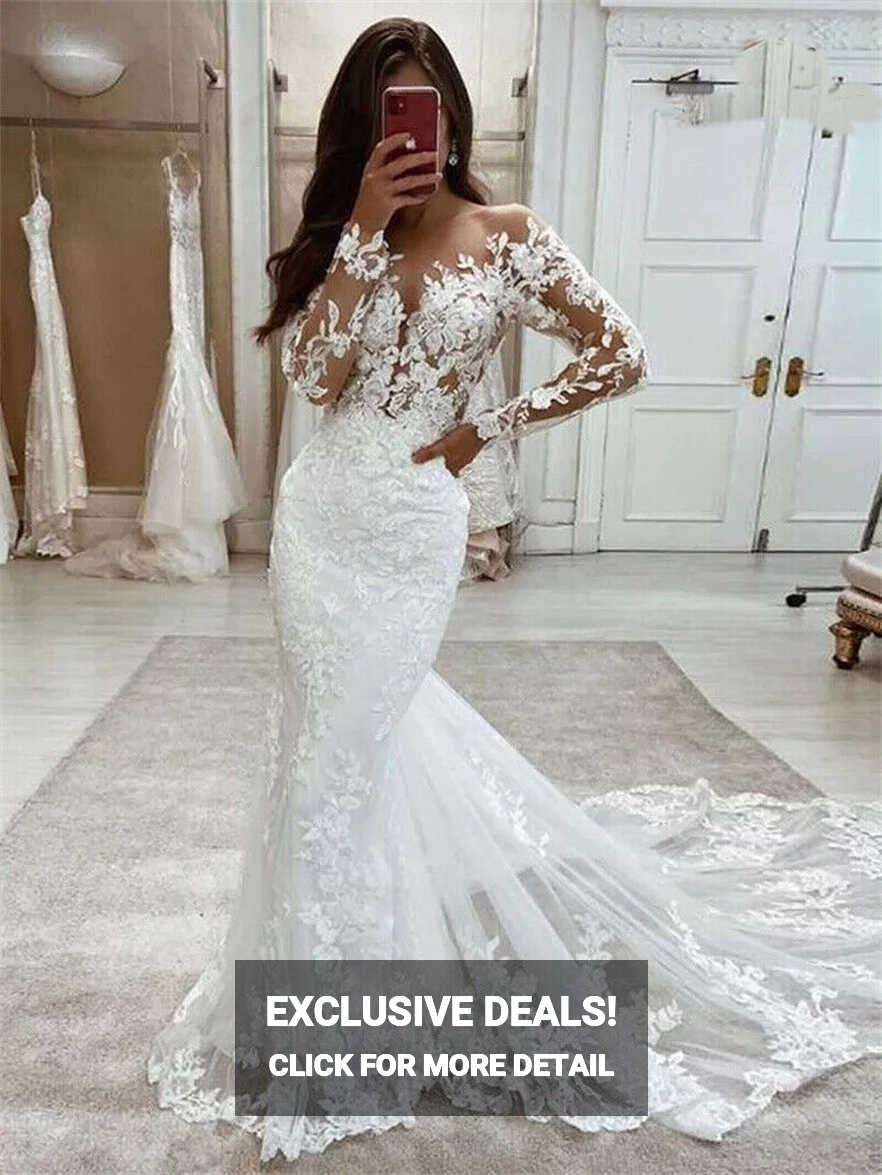 Tulle Lace Appliques Mermaid Wedding Dresses Long Train Sexy ...