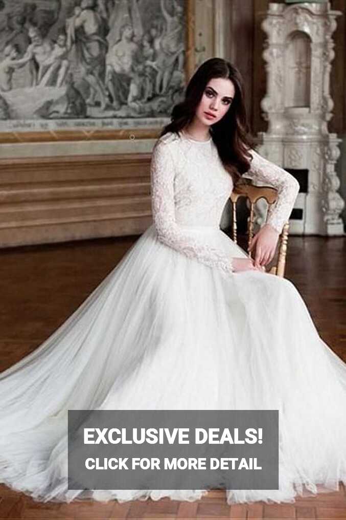 Tulle Skirt Modest Wedding Dresses Lace Long Sleeves