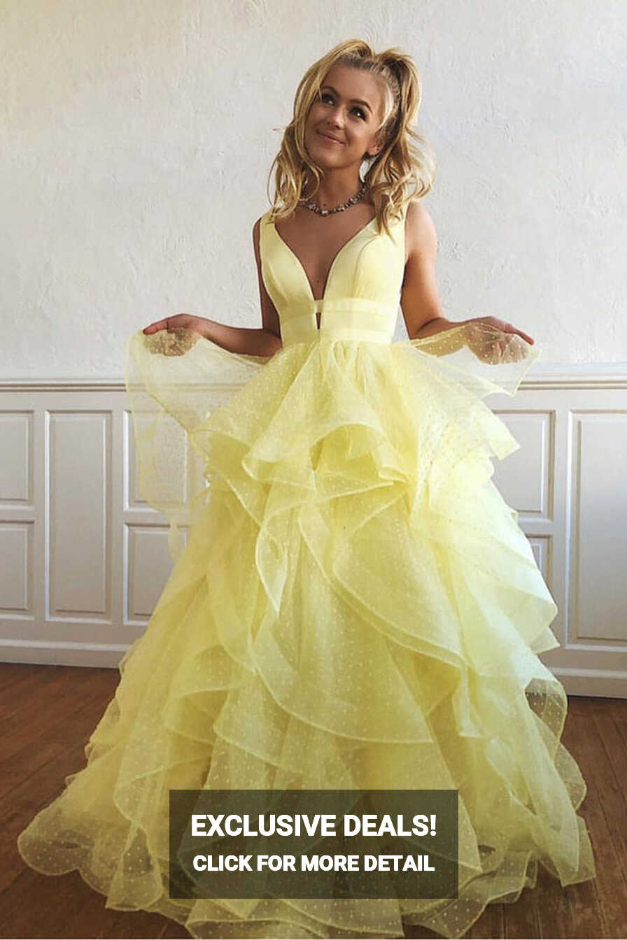 Tulle V-neck Yellow Prom Dresses A-line Long Party Dresses with ...