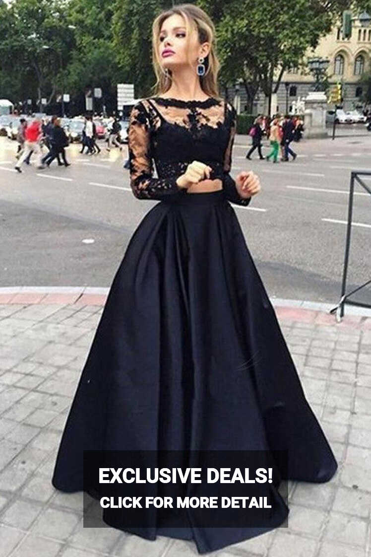 Two Piece Lace Long Sleeves Evening Dress, Cheap Black Prom ...