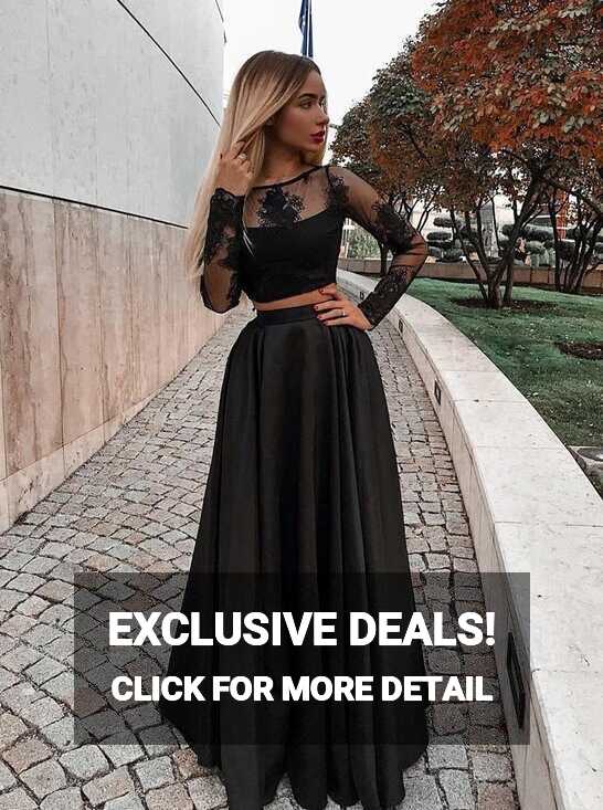 Two Piece Long Sleeve Floor-Length Black Prom Dress with Lace ...