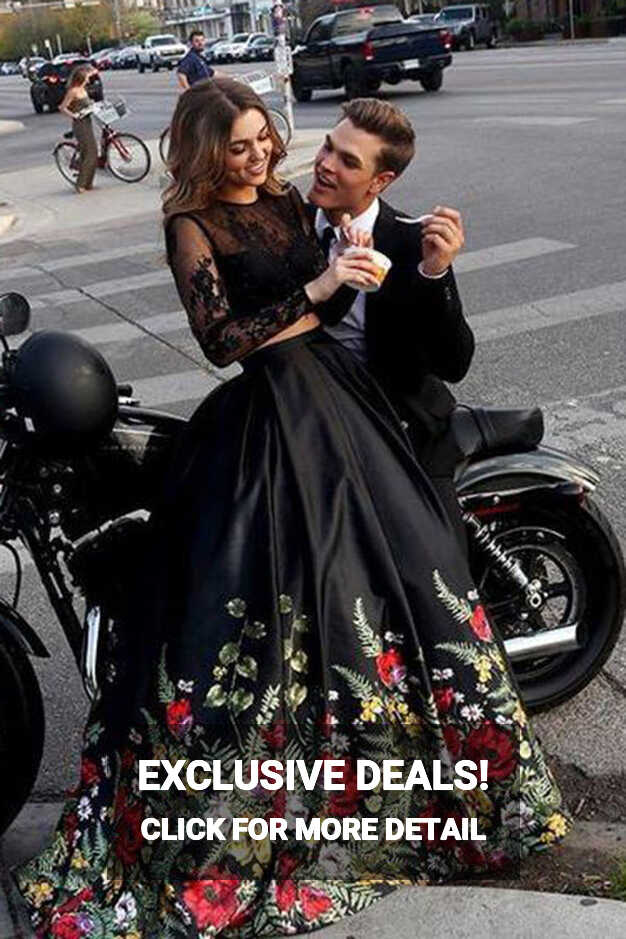 Two Piece Prom Dresses Black Lace Floral Print Long Sleeves Prom ...