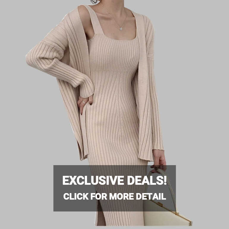 Two Piece Ribbed Knit Midi Dress with Long Sleeve Sweater Robe ...