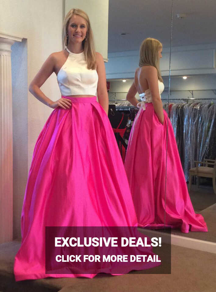 Two Piece White And Hot Pink Satin Backless Prom Dresses