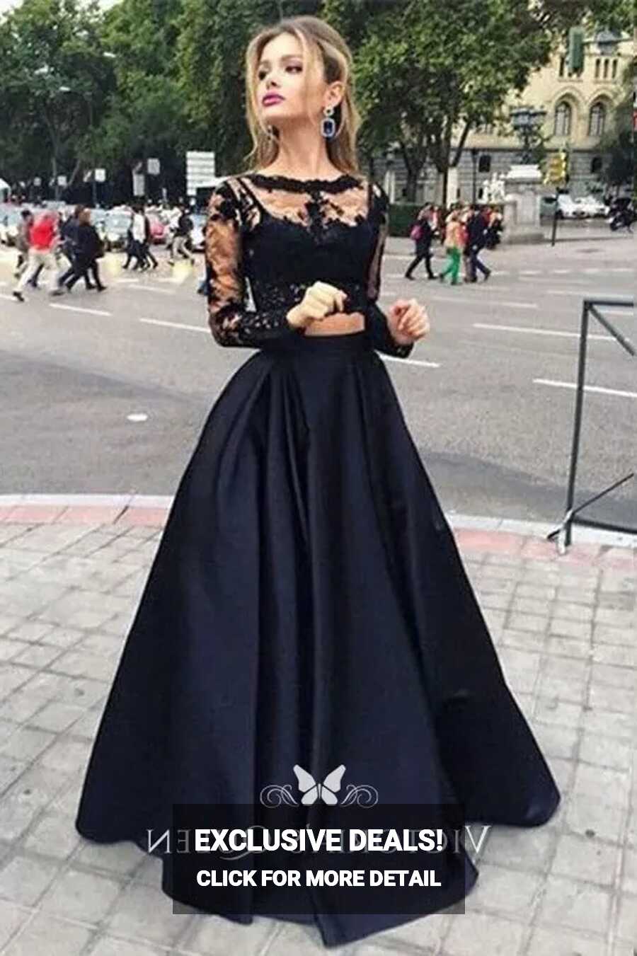 Two-piece Black Illusion Long Sleeve Pretty Prom Dress - VQ