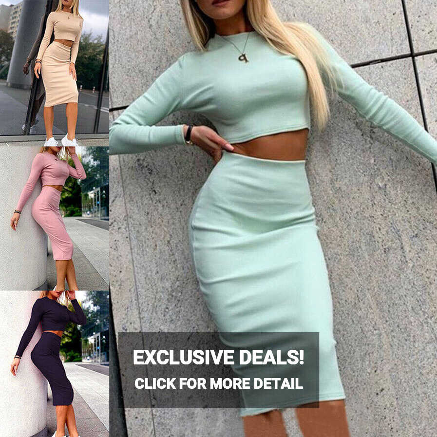 Two piece set Women Long Sleeves Crop Top Midi Bodycon Skirt ...