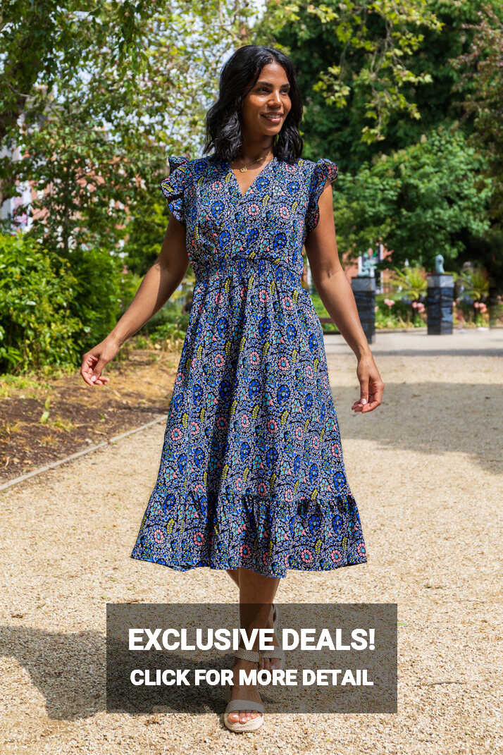 Tyra Navy &amp; Blue Floral Print Midi Dress – Born Clothing