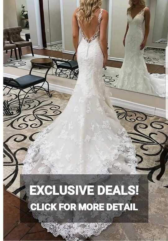 UK Backless Bridal V Neck Sleeveless Lace Mermaid Beach Wedding ...