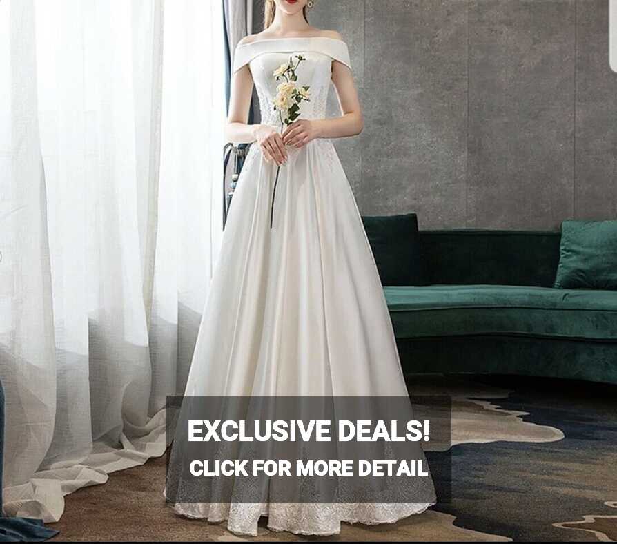 UK Simple White ivory Off shoulder Satin A Line Floor Wedding ...