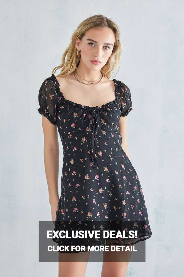 UO Black Floral Becca Mini Dress | Urban Outfitters UK