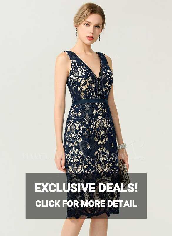 US$ 161.00] Sheath/Column V-Neck Knee-Length Lace Cocktail Dress ...