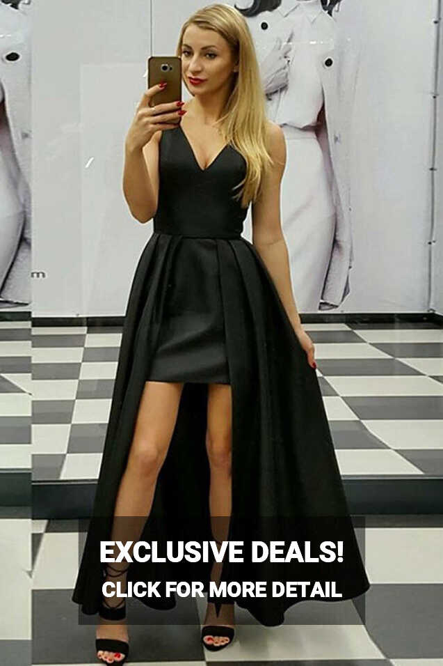 Unique Black High Low V Neck Prom Dress, Cheap Simple Sleeveless ...