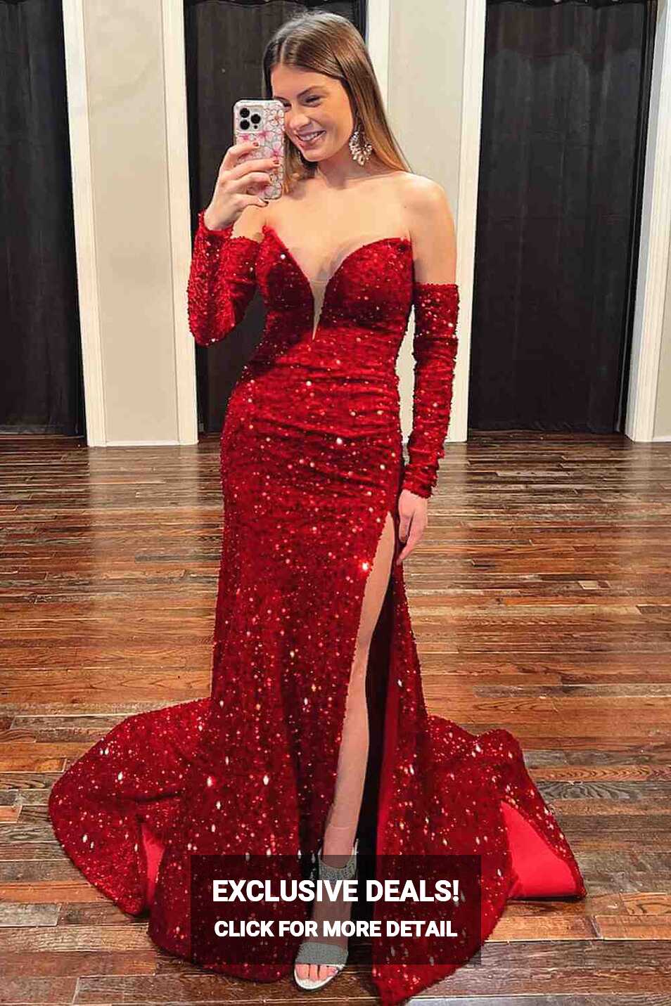 Unique Red Mermaid V Neck Prom Dresses Long Sleeves Sweetheart ...