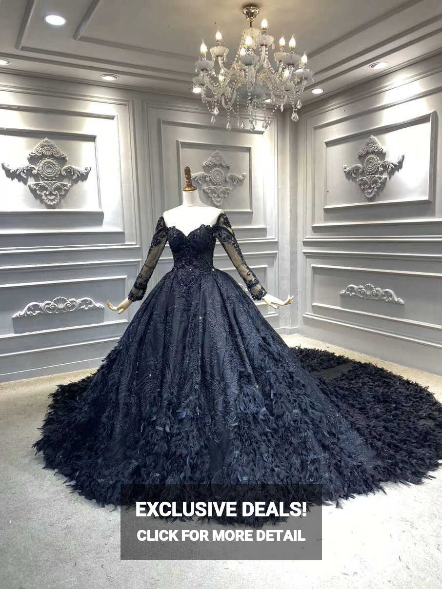 Unique long sleeves black lace sparkling glitter feathers ball ...