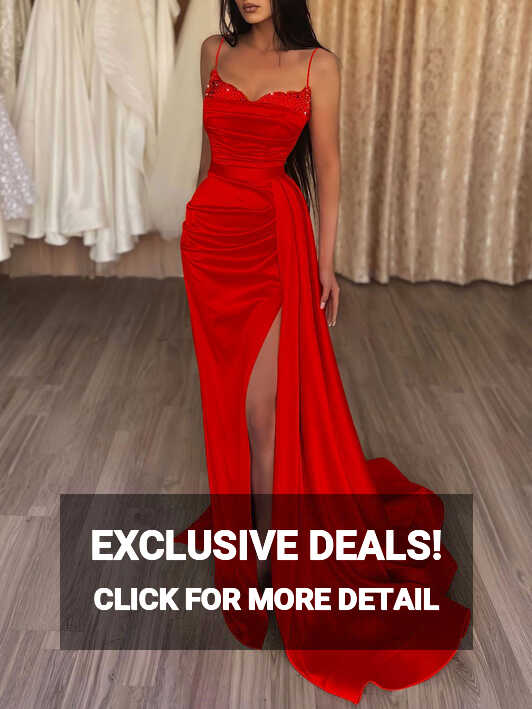 Unique mermaid satin long prom dress red long formal party dress ...