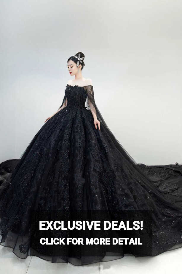 Unique off shoulder black lace sparkling glitter ball gown wedding ...