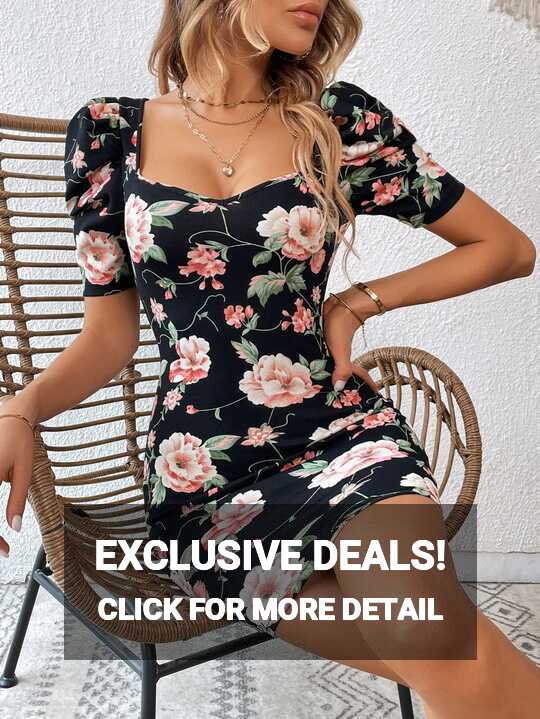 Unity Floral Print Puff Sleeve Ruched Front Bodycon Dress Casual ...