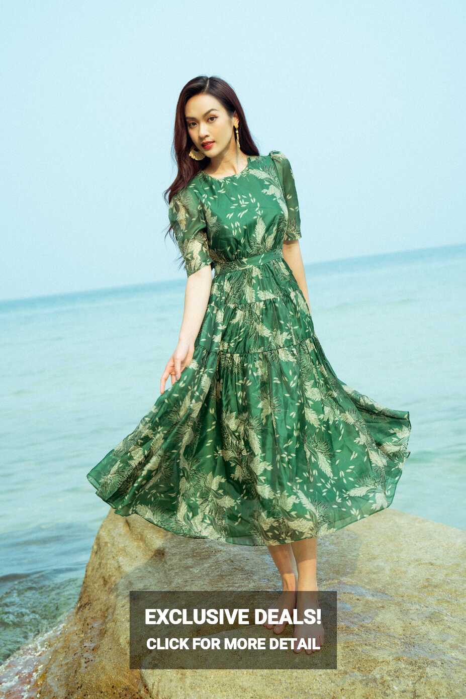 Váy Đầm - Green Floral Short Sleeves Midi Dress