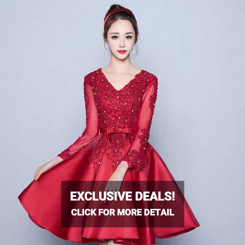 V Neck A Line Short Red Prom Cocktail Dress With Sleeves