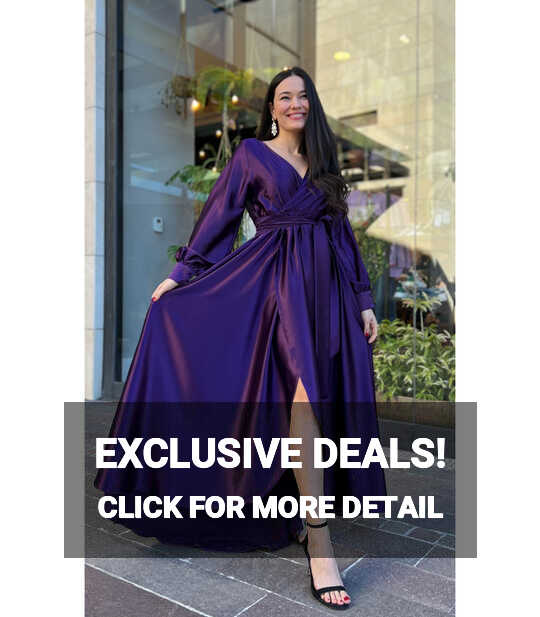 V Neck Back Long Maxi Satin Dress Purple