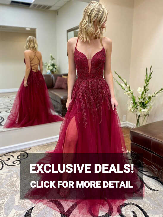 V Neck Backless Burgundy Lace Prom Dresses, Backless Wine Red Lace ...